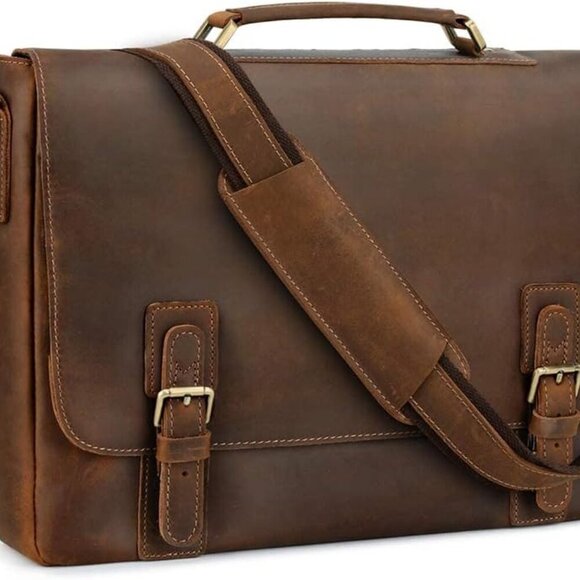 Men's Leather Satchel Briefcase, 15.6" Laptop Messenger Shoulder Bag Tote - Picture 1 of 7